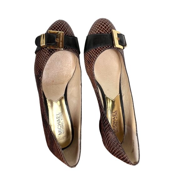 Michael Kors Brown Snakeskin Pattern Leather Flats With Black Buckle Accents 7M - Picture 10 of 10